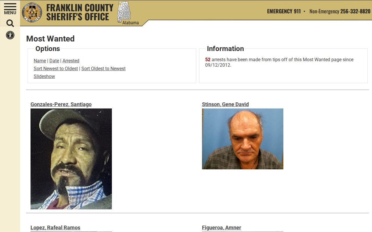 Franklin County criminal history Most Wanted search controls