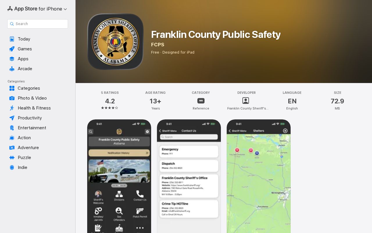 Franklin County criminal history public safety app listing