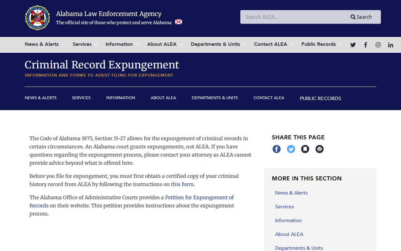 Franklin County criminal history expungement information from ALEA