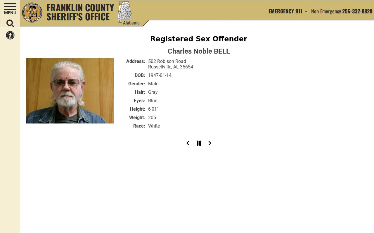 Franklin County sex offender registry profile field layout with identities obscured
