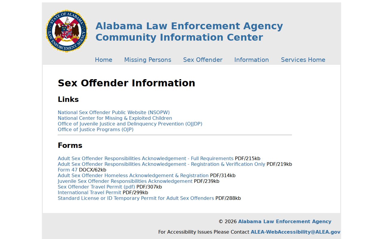 ALEA registration forms and information for Franklin County sex offender records